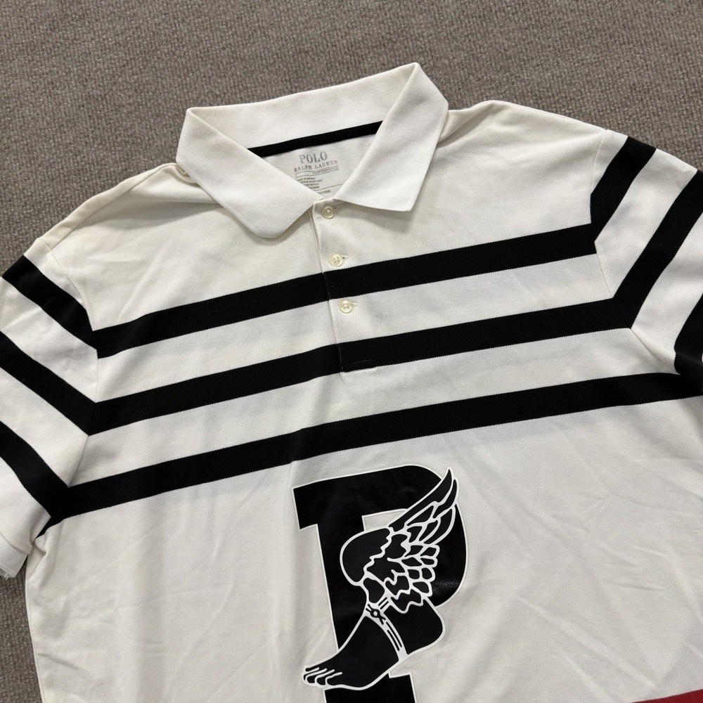 Polo Ralph Lauren P Wing Stadium Striped Polo Shirt XL White Red Black RARE